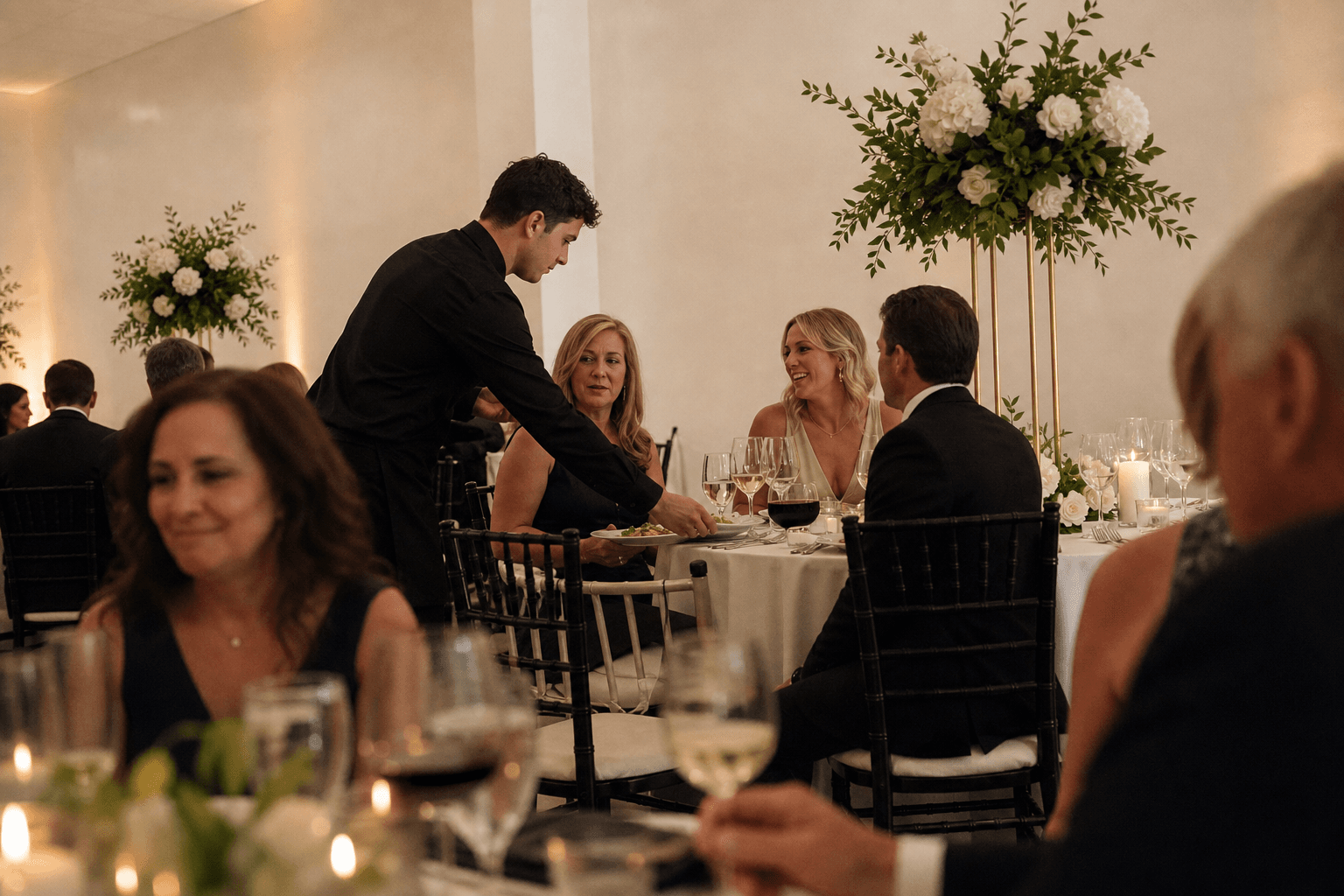 Guests gathering for dinner inside Luxor Event Space